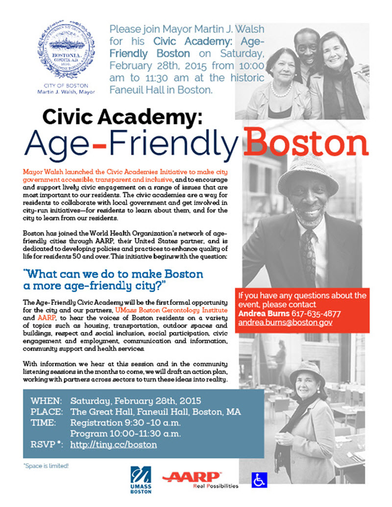Boston Mayor Martin J. Walsh's Civic Academy invitation to Age-Friendly Boston event