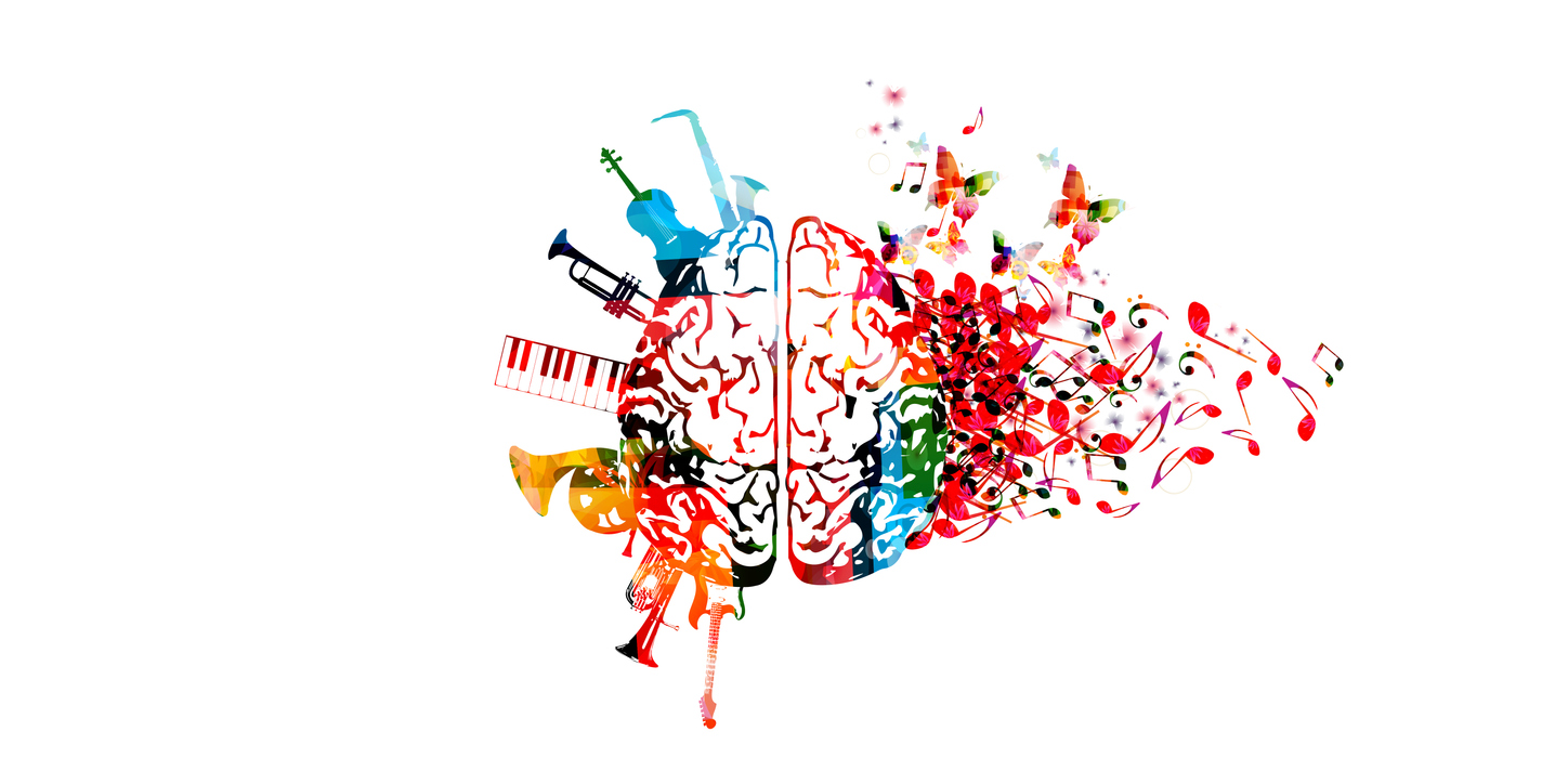 Colorful human brain with music notes and instruments