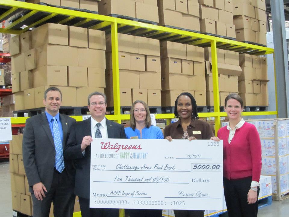 AARP volunteer leader Bettye Jo Wells with Walgreens executives at the Chattanooga Area Food Bank