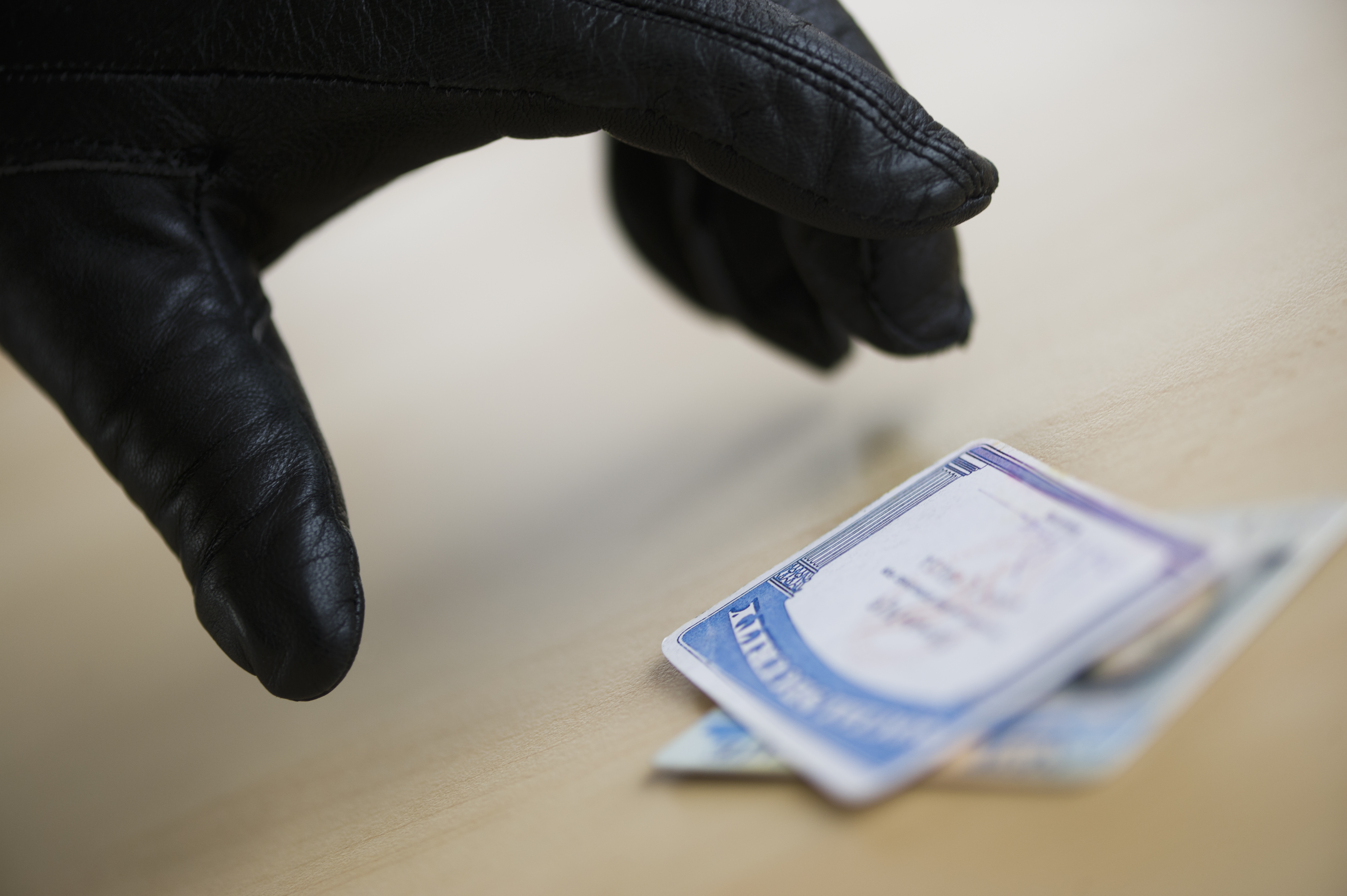 Close up of thief's hand in black glove stealing driver's license, studio shot