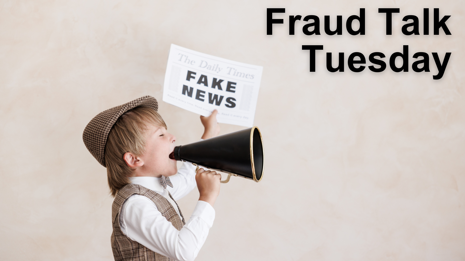 A young boy with a megaphone holding up mock newspaper with the big headline: FAKE NEWS