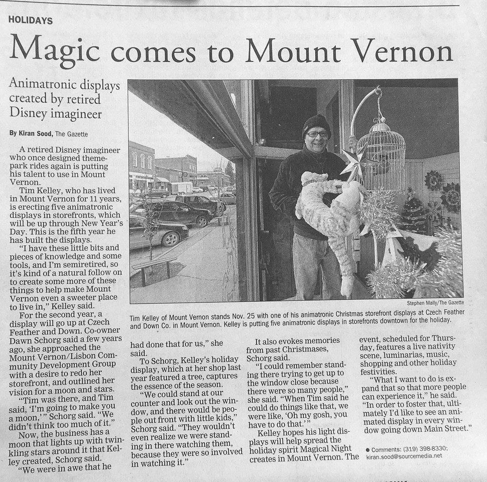 Newspaper clipping with headline "Magic comes to Mount Vernon"