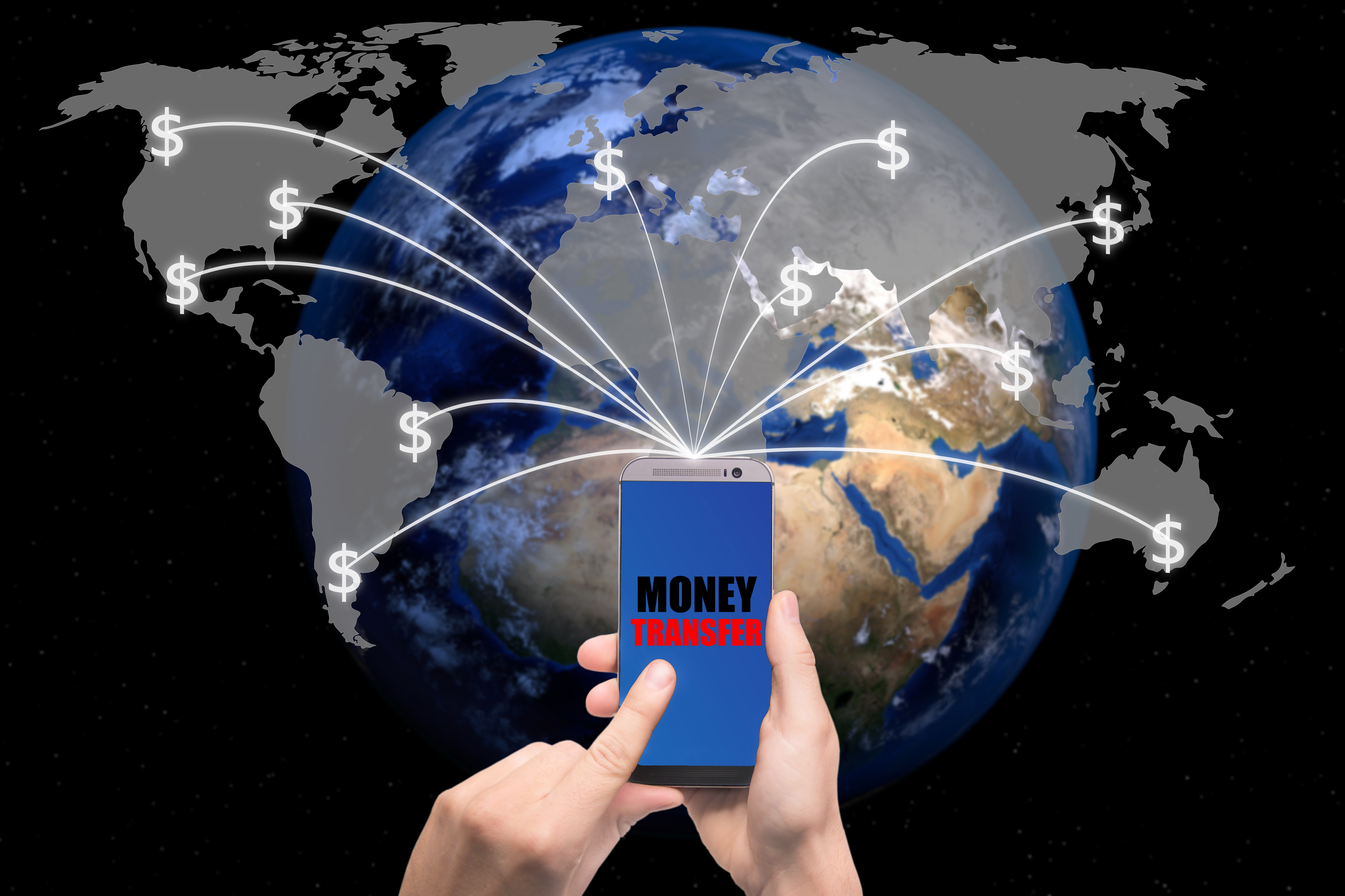 Hand holding smart phone sent money dollar bills flying away from screen to global map. Technology online banking money transfer, e-commerce concept.