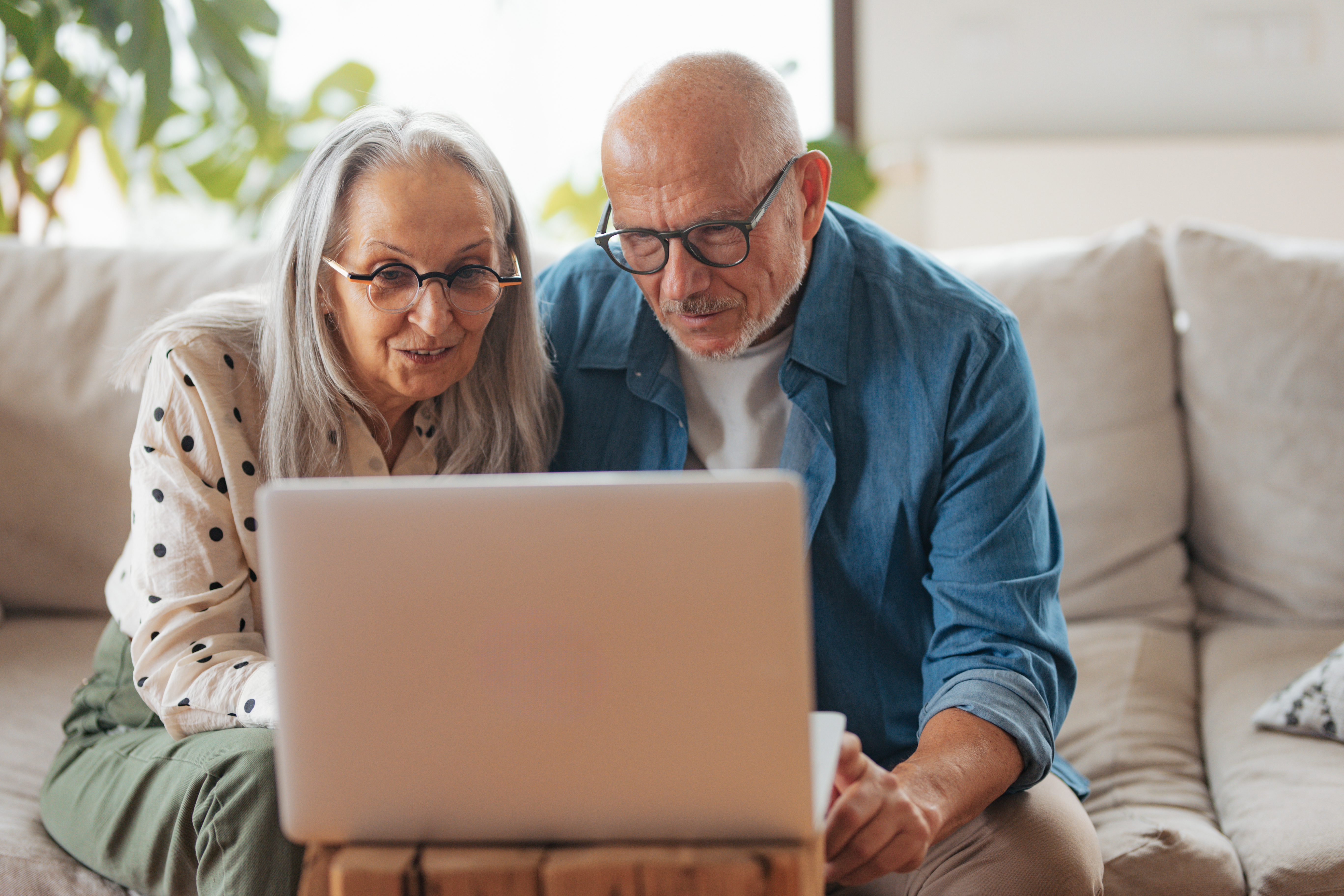 Elderly wife and husband looking at social media post on notebook, reading comments, replying to message together. Spouses buying something online in e-shop.