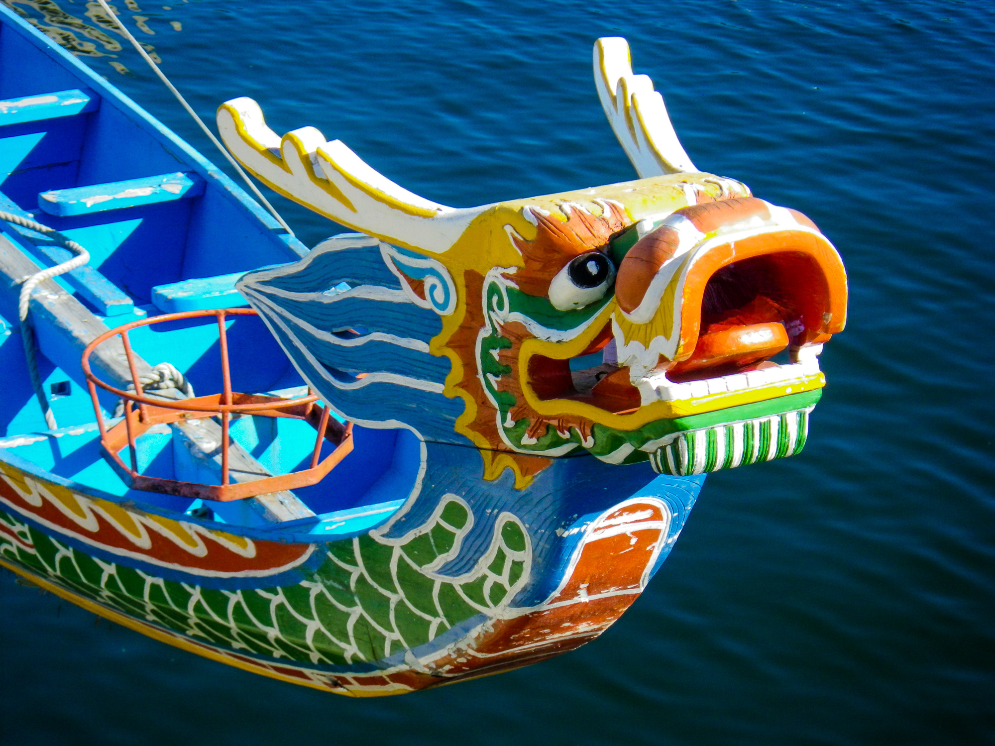 Chinese Dragon Painted Carved Wooden Boat