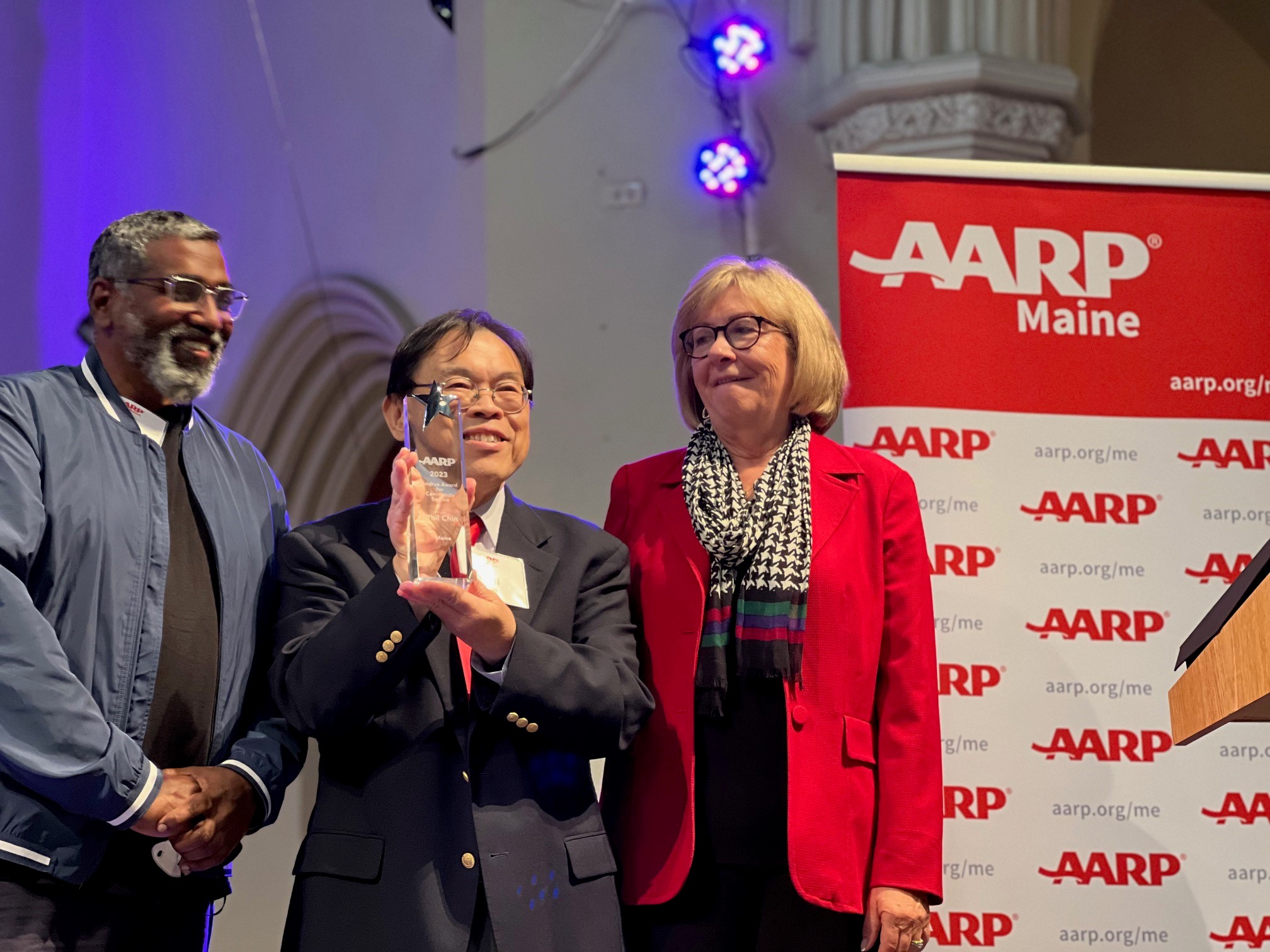 Phil Chin with Jean Saunders and Noel Bonam, Accepting the Andrus Award