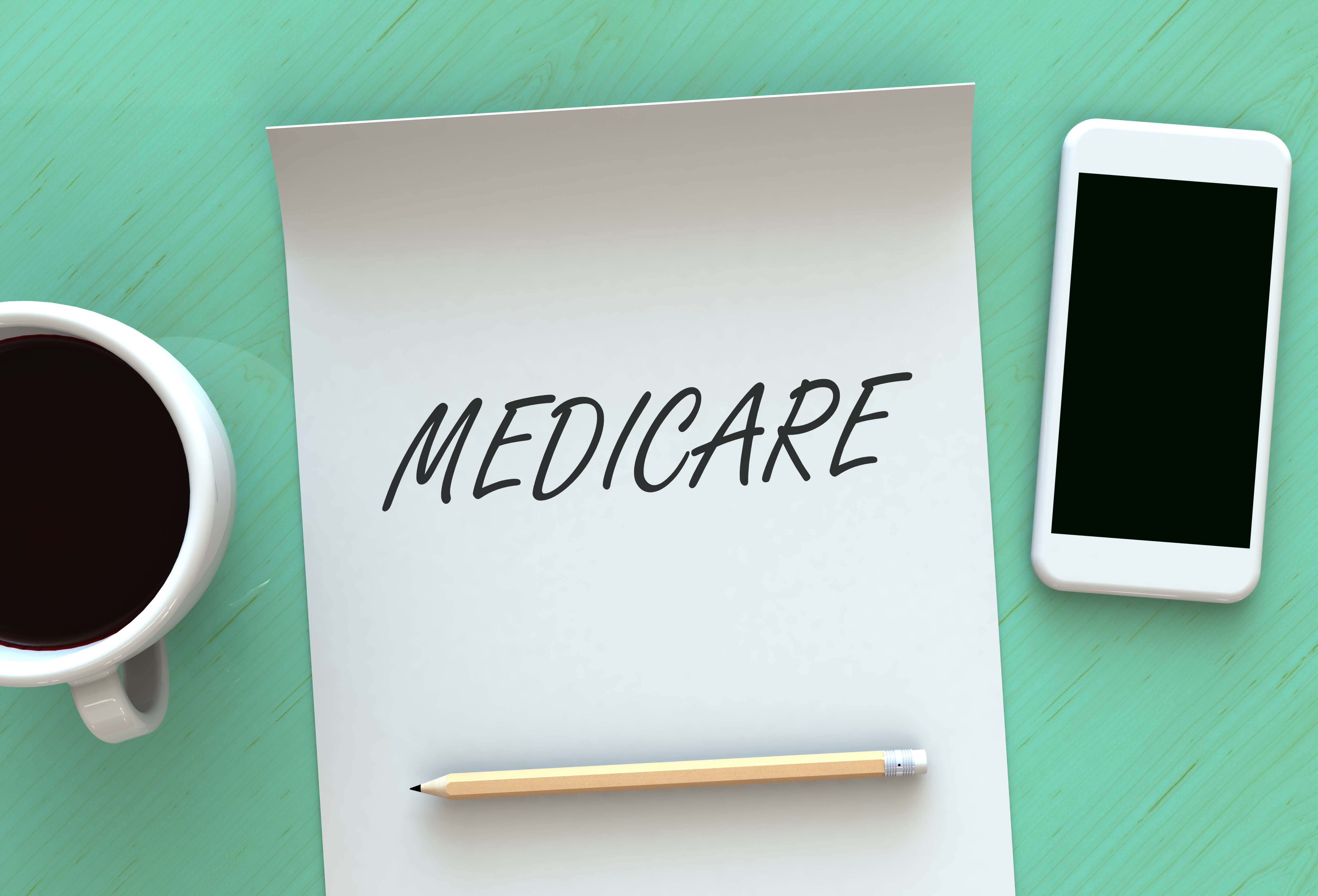 MEDICARE, message on paper, smart phone and coffee on table, 3D rendering