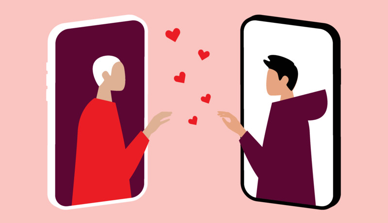 Illustration of two phones with a person on each screen and hearts in the middle to depict an online romance scam.