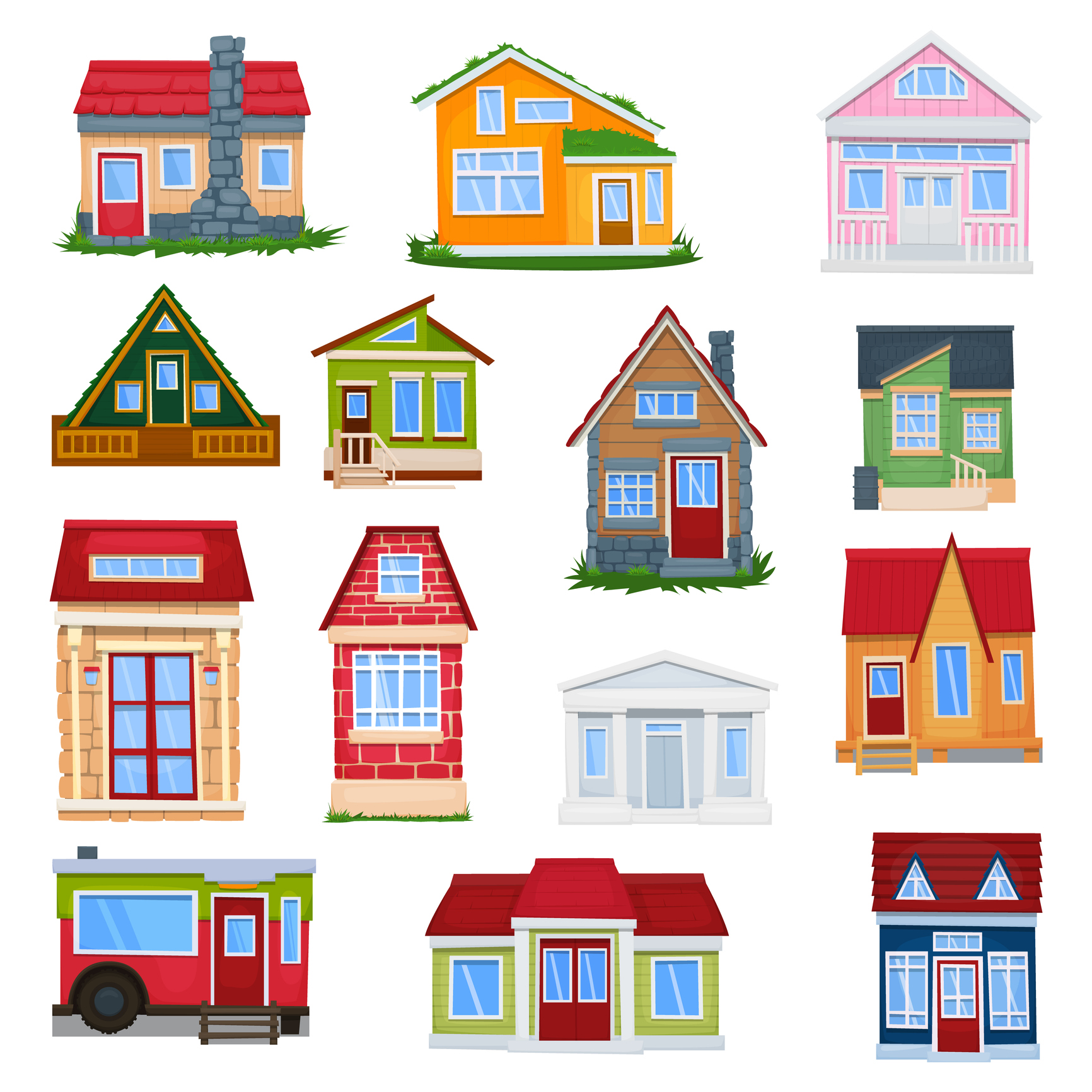 Houses front view. A set of tiny houses. Vector illustration