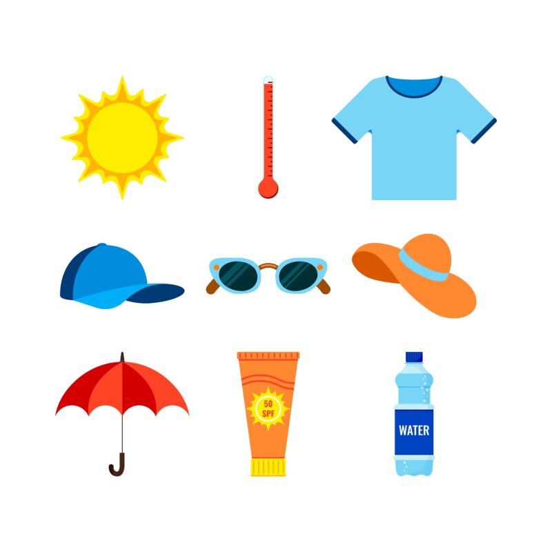 Beach and heat stroke prevention infographic icon set.