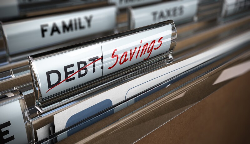 File folder tab with debt replaced by savings