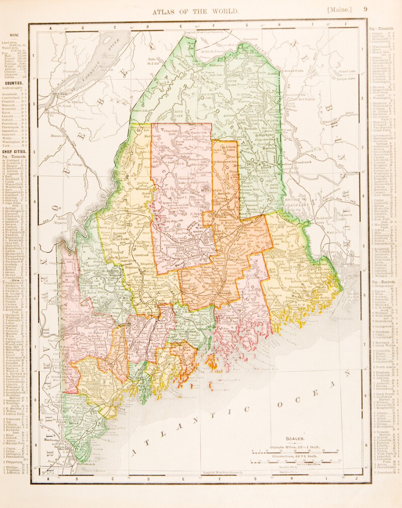 Antique Vintage Color Map of Maine, Unites States