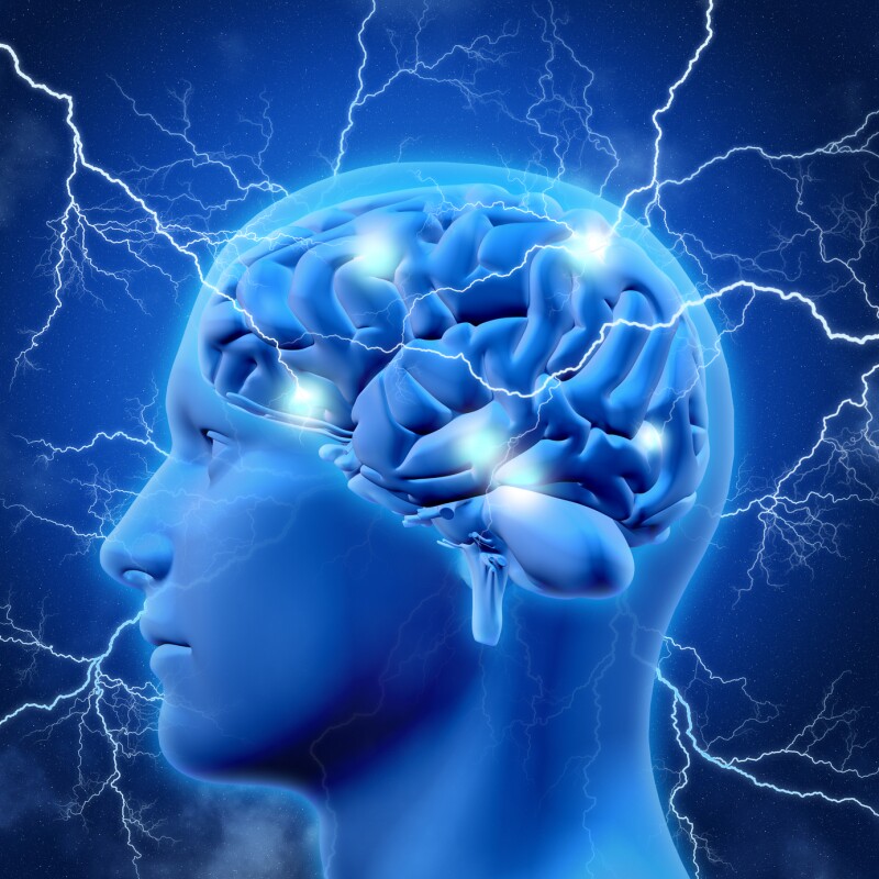 3D male head and brain with lightening