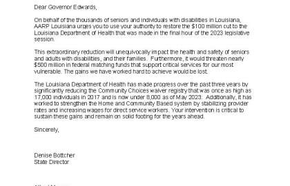 
AARP Louisiana sends letter to Gov. John Bel Edwards regarding $100 million cut to LDH 
