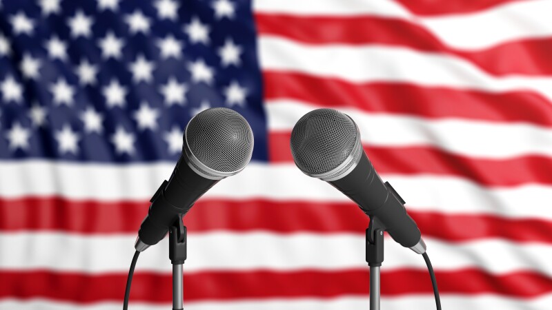USA flag background with two microphones