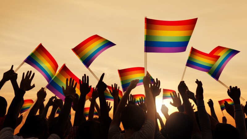 Group of People Waving Gay Pride Symbol Flags