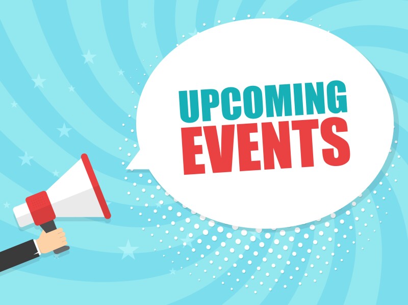 Male hand holding megaphone with Upcoming events speech bubble. Loudspeaker. Banner for business, marketing and advertising. Vector illustration.