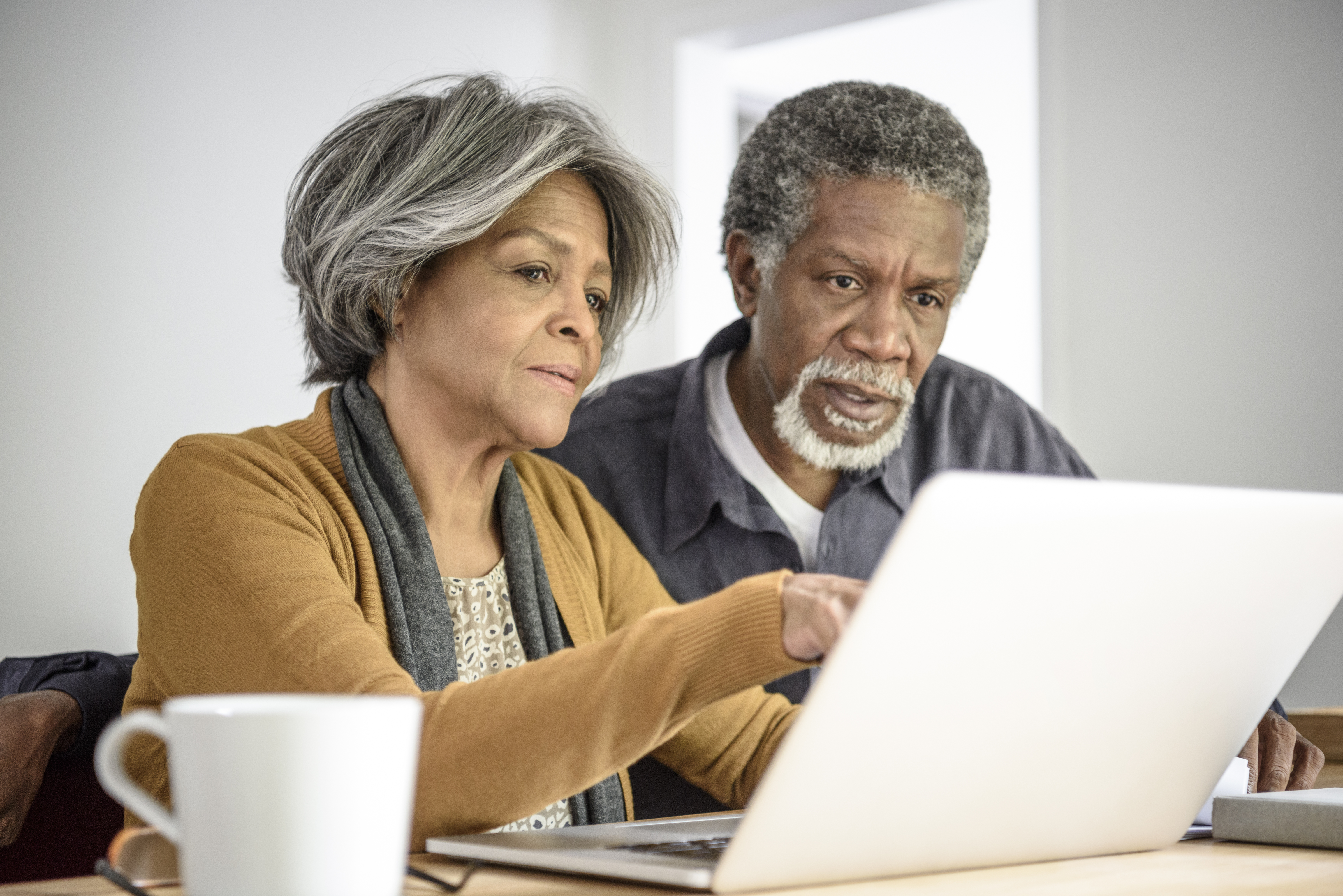 An older African American couple on laptop together with serious expression.
