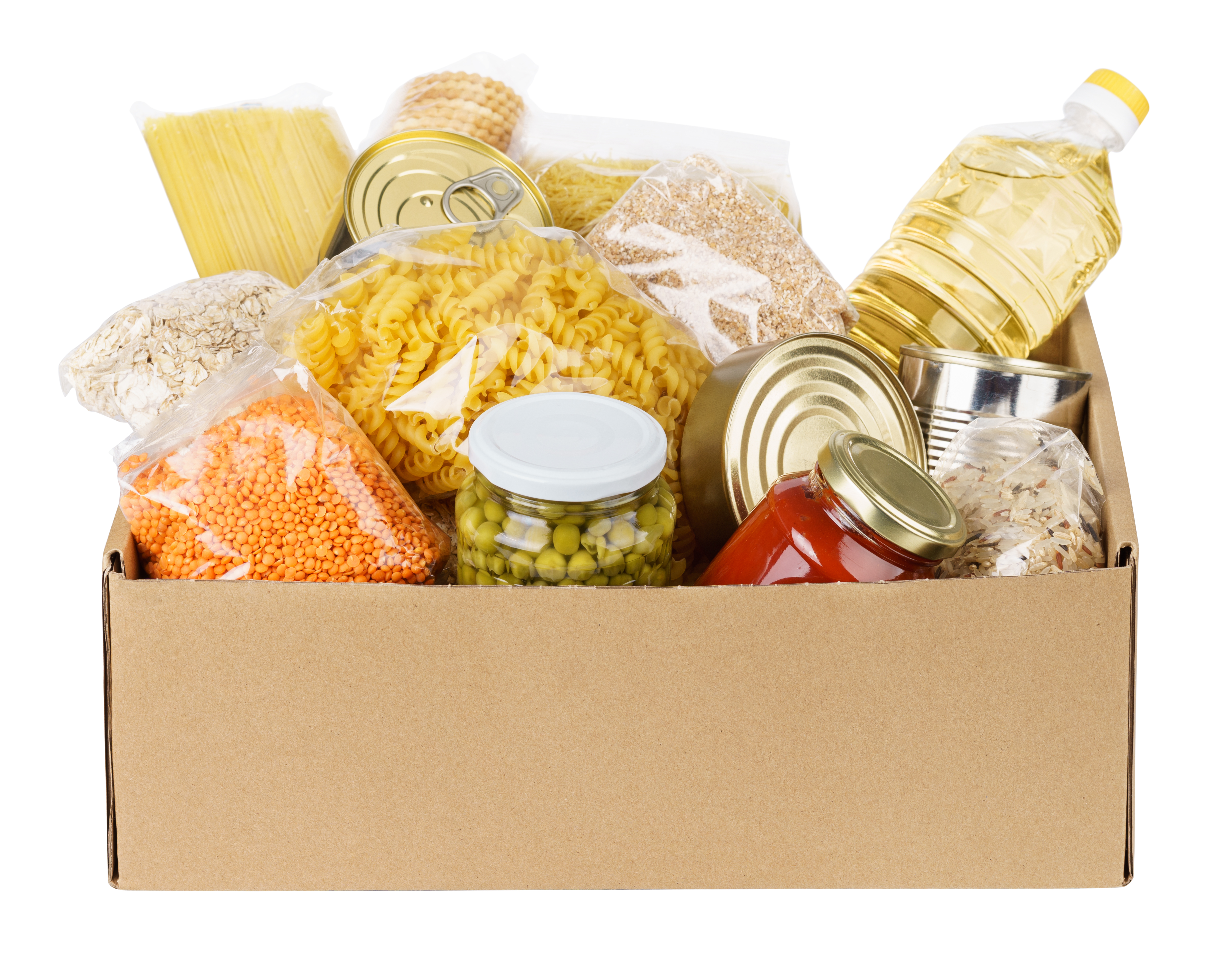 Various canned food, pasta and cereals in a cardboard box.