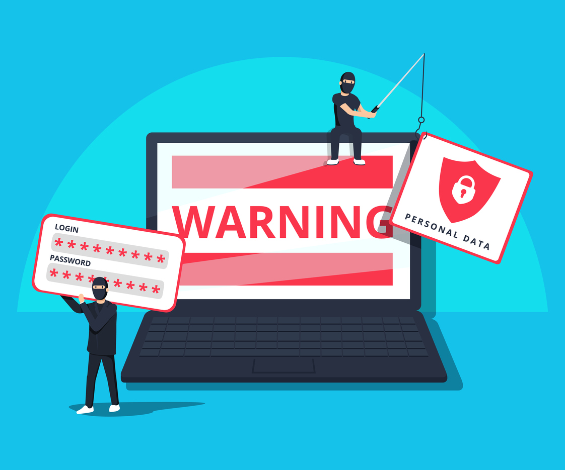 Hacking phishing attack. Flat vector illustration of young hacker sitting on the laptop to hack protection system.