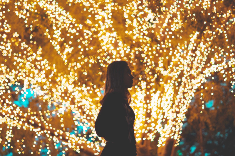 View Of Woman Standing By Illuminated Tree