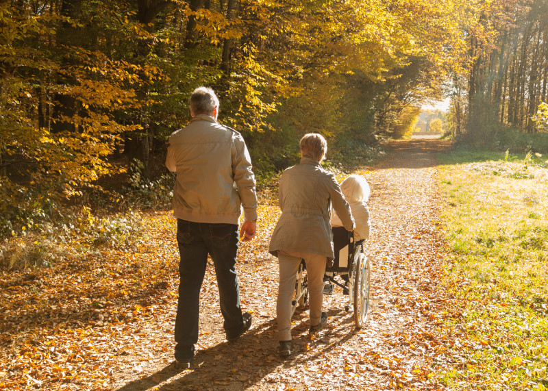 3 seniors having a walk, one sitting in wheelchair