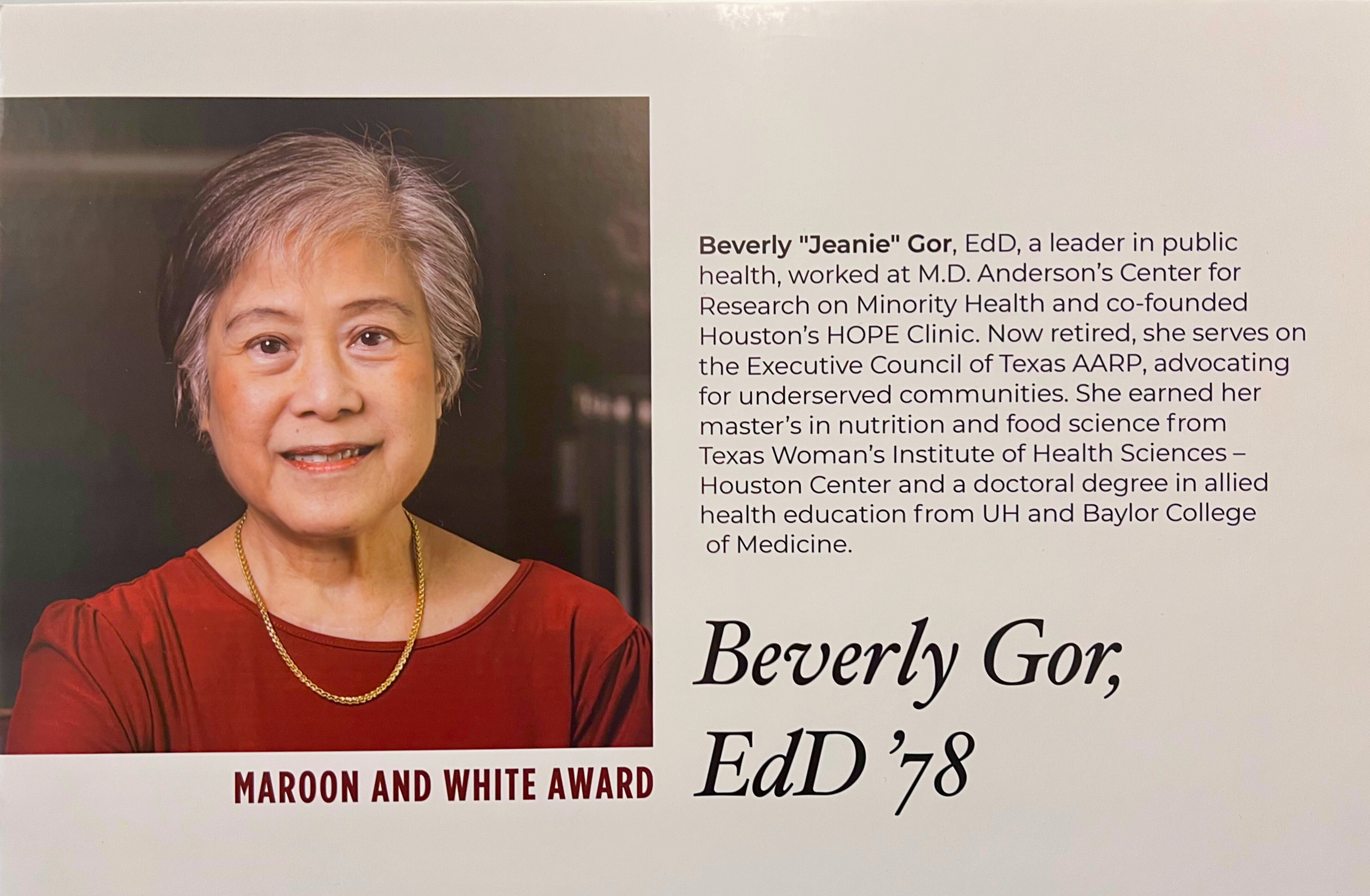 Dr. Beverly Gor, recipient of the Maroon and White Award from Texas Woman's University