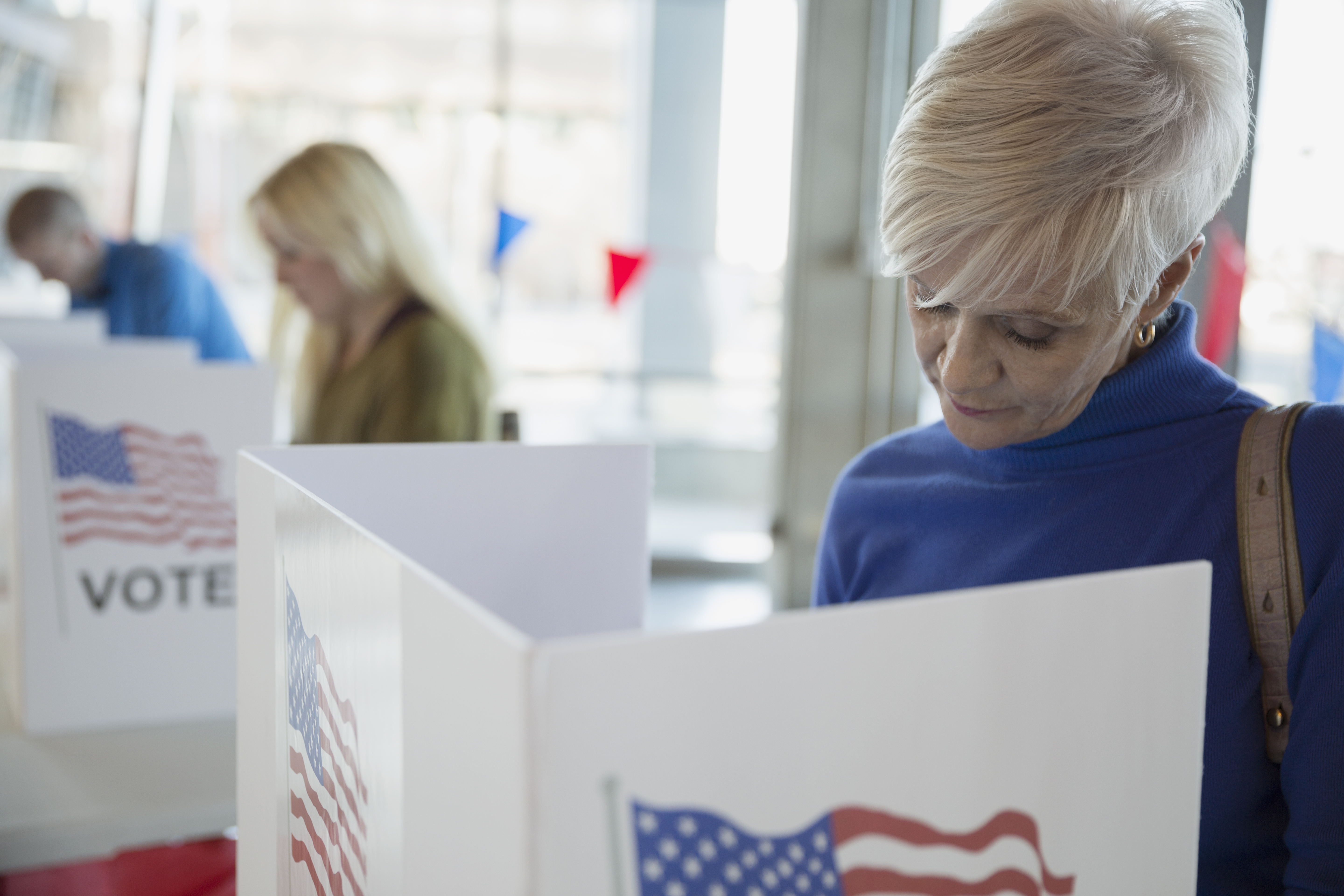 Woman in voting booth at polling place
